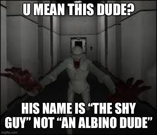 SCP - 96 | U MEAN THIS DUDE? HIS NAME IS “THE SHY GUY” NOT “AN ALBINO DUDE” | image tagged in scp - 96 | made w/ Imgflip meme maker