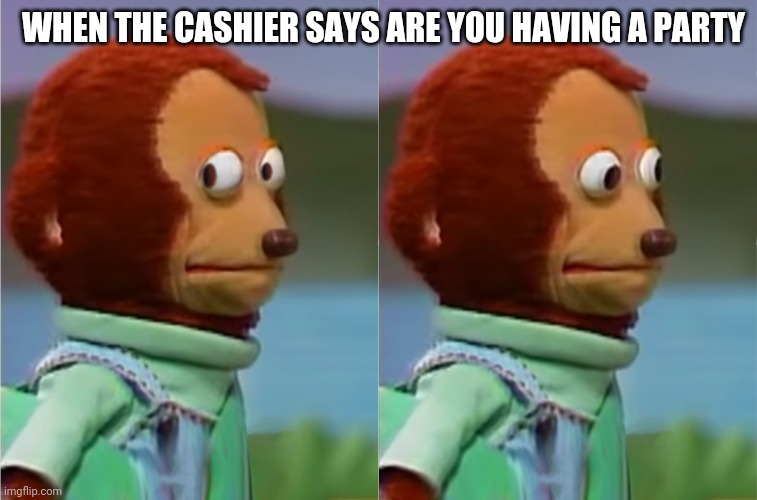 puppet Monkey looking away | WHEN THE CASHIER SAYS ARE YOU HAVING A PARTY | image tagged in puppet monkey looking away | made w/ Imgflip meme maker