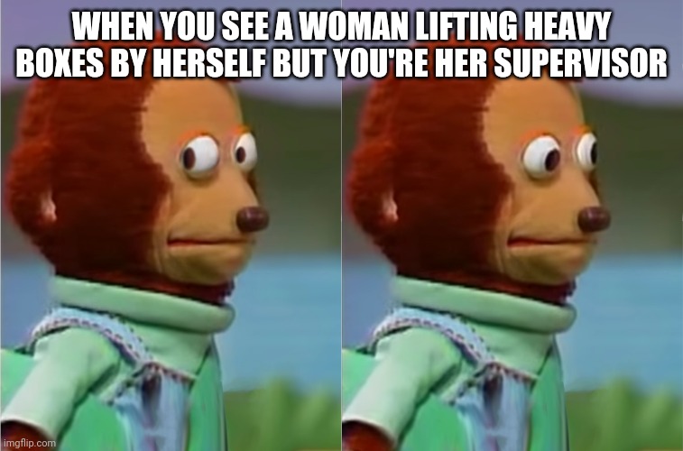 puppet Monkey looking away | WHEN YOU SEE A WOMAN LIFTING HEAVY BOXES BY HERSELF BUT YOU'RE HER SUPERVISOR | image tagged in puppet monkey looking away | made w/ Imgflip meme maker
