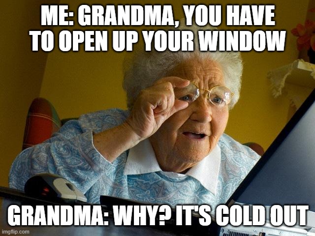 Grandma Finds The Internet Meme | ME: GRANDMA, YOU HAVE TO OPEN UP YOUR WINDOW; GRANDMA: WHY? IT'S COLD OUT | image tagged in memes,grandma finds the internet | made w/ Imgflip meme maker