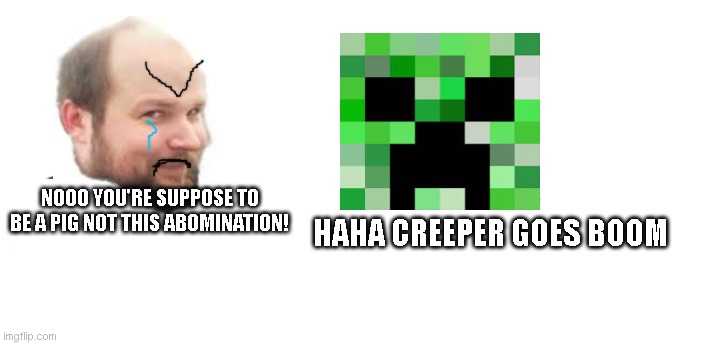 Creeper goes boom | HAHA CREEPER GOES BOOM; NOOO YOU'RE SUPPOSE TO BE A PIG NOT THIS ABOMINATION! | image tagged in nooo haha go brrr,minecraft,creeper,notch,haha money printer go brrr | made w/ Imgflip meme maker