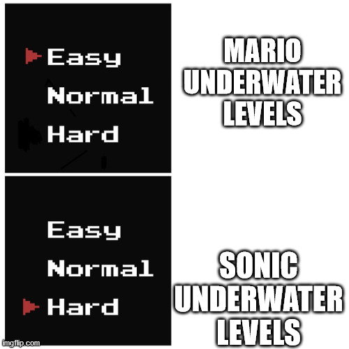 in mario water levels, you can live for as long as the timer is going, in sonic water levels, there is a short time... | MARIO UNDERWATER LEVELS; SONIC UNDERWATER LEVELS | image tagged in easy hard undertale | made w/ Imgflip meme maker