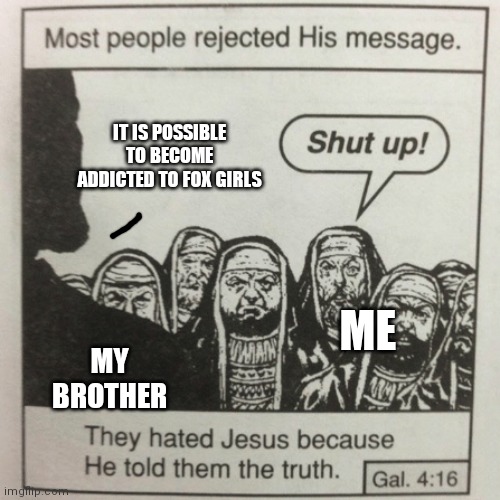 I didn't wanna listen, this is fine | IT IS POSSIBLE TO BECOME ADDICTED TO FOX GIRLS; ME; MY BROTHER | image tagged in they hated jesus because he told them the truth | made w/ Imgflip meme maker