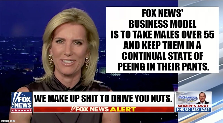 Laura Ingraham is a blank | FOX NEWS' 
BUSINESS MODEL 
IS TO TAKE MALES OVER 55 
AND KEEP THEM IN A 
CONTINUAL STATE OF 
PEEING IN THEIR PANTS. WE MAKE UP SHIT TO DRIVE YOU NUTS. | image tagged in laura ingraham is a blank,fox news,faux news,liars,fake news | made w/ Imgflip meme maker