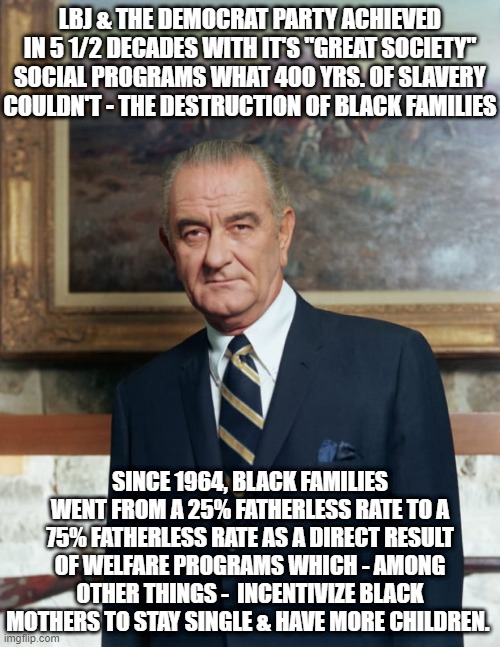 Democrats keep selling blacks the poison making them sick - then offer that same poison again as the solution. | LBJ & THE DEMOCRAT PARTY ACHIEVED IN 5 1/2 DECADES WITH IT'S "GREAT SOCIETY" SOCIAL PROGRAMS WHAT 400 YRS. OF SLAVERY COULDN'T - THE DESTRUCTION OF BLACK FAMILIES; SINCE 1964, BLACK FAMILIES WENT FROM A 25% FATHERLESS RATE TO A 75% FATHERLESS RATE AS A DIRECT RESULT OF WELFARE PROGRAMS WHICH - AMONG OTHER THINGS -  INCENTIVIZE BLACK MOTHERS TO STAY SINGLE & HAVE MORE CHILDREN. | image tagged in democrats,black lives matter,politics,racism,woke culture,republicans | made w/ Imgflip meme maker