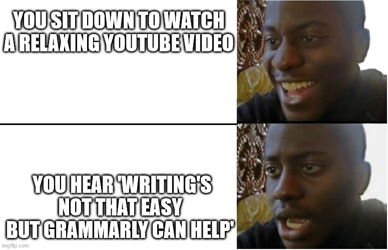 Disappointed Black Guy | YOU SIT DOWN TO WATCH A RELAXING YOUTUBE VIDEO; YOU HEAR 'WRITING'S NOT THAT EASY BUT GRAMMARLY CAN HELP' | image tagged in disappointed black guy | made w/ Imgflip meme maker