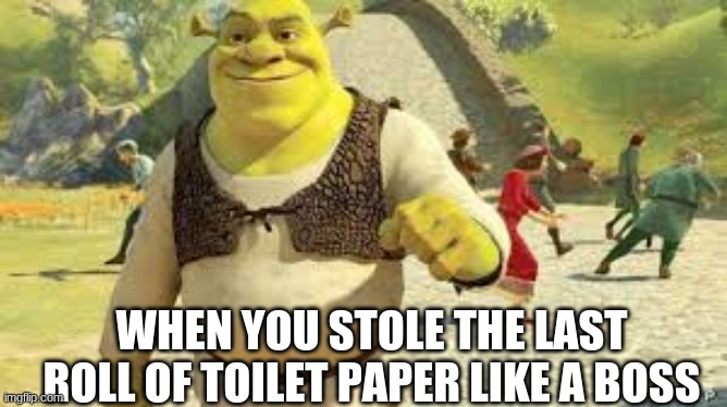 hehehehe | WHEN YOU STOLE THE LAST ROLL OF TOILET PAPER LIKE A BOSS | image tagged in get rekt,kids,shrek,wins,toilet paper | made w/ Imgflip meme maker