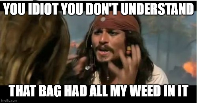 Why Is The Rum Gone | YOU IDIOT YOU DON'T UNDERSTAND; THAT BAG HAD ALL MY WEED IN IT | image tagged in memes,why is the rum gone,funny | made w/ Imgflip meme maker