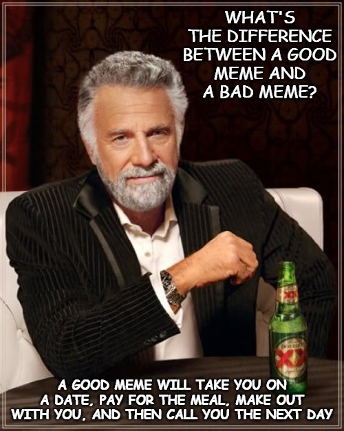 Just sayin' .... | WHAT'S THE DIFFERENCE BETWEEN A GOOD MEME AND A BAD MEME? A GOOD MEME WILL TAKE YOU ON A DATE, PAY FOR THE MEAL, MAKE OUT WITH YOU, AND THEN CALL YOU THE NEXT DAY | image tagged in memes,the most interesting man in the world | made w/ Imgflip meme maker
