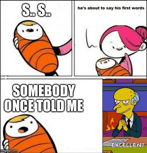 baby first words | S.. S.. SOMEBODY ONCE TOLD ME | image tagged in baby first words | made w/ Imgflip meme maker