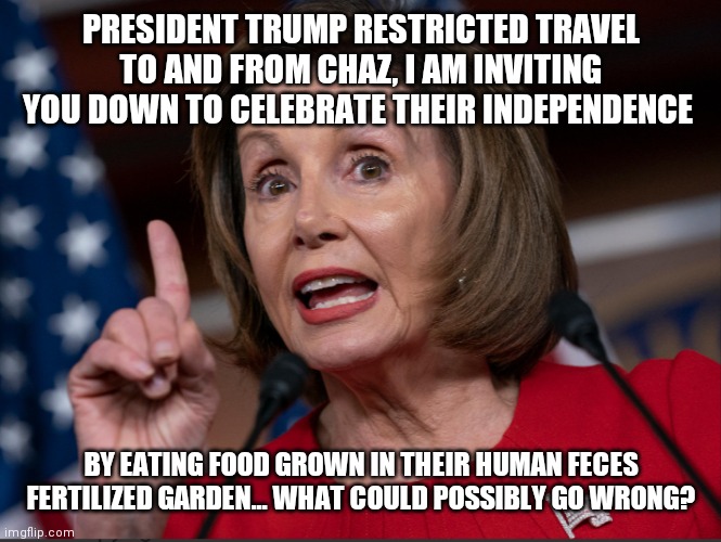 PRESIDENT TRUMP RESTRICTED TRAVEL TO AND FROM CHAZ, I AM INVITING YOU DOWN TO CELEBRATE THEIR INDEPENDENCE; BY EATING FOOD GROWN IN THEIR HUMAN FECES FERTILIZED GARDEN... WHAT COULD POSSIBLY GO WRONG? | image tagged in nancy pelosi,covid | made w/ Imgflip meme maker