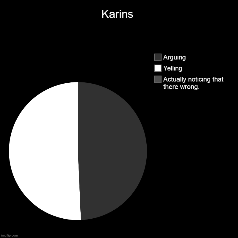 Karins | Actually noticing that there wrong., Yelling, Arguing | image tagged in charts,pie charts | made w/ Imgflip chart maker