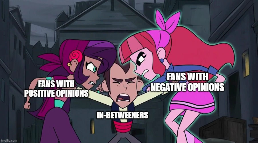 Team Arguments | FANS WITH NEGATIVE OPINIONS; FANS WITH POSITIVE OPINIONS; IN-BETWEENERS | image tagged in team arguments | made w/ Imgflip meme maker