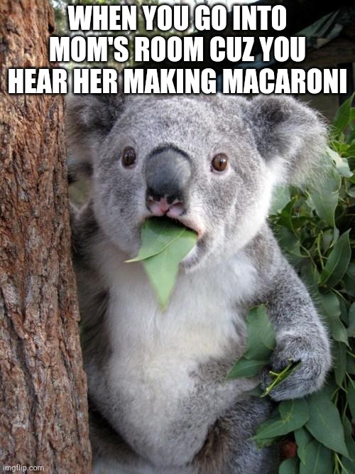 Surprised Koala | WHEN YOU GO INTO MOM'S ROOM CUZ YOU HEAR HER MAKING MACARONI | image tagged in memes,surprised koala | made w/ Imgflip meme maker