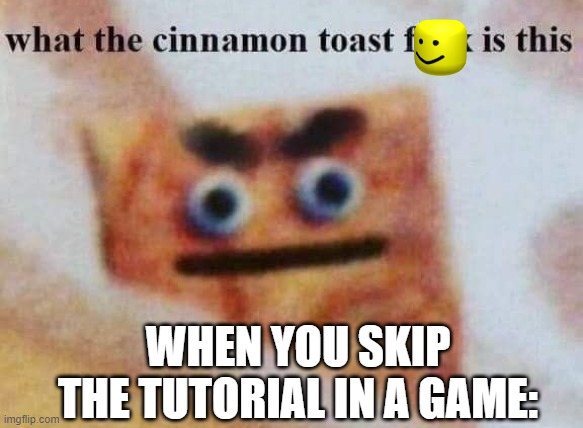 what the cinnamon toast f^%$ is this | WHEN YOU SKIP THE TUTORIAL IN A GAME: | image tagged in what the cinnamon toast f is this | made w/ Imgflip meme maker