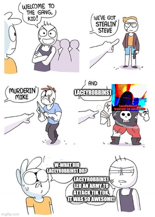 Welcome to the gang | LACEYROBBINS1; W-WHAT DID LACEYROBBINS1 DO? LACEYROBBINS1 LED AN ARMY TO ATTACK TIK TOK, IT WAS SO AWESOME! | image tagged in welcome to the gang | made w/ Imgflip meme maker