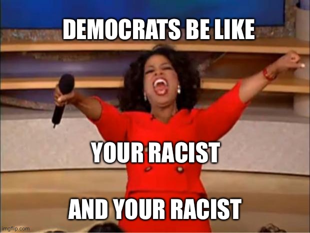Oprah You Get A Meme | DEMOCRATS BE LIKE; YOUR RACIST; AND YOUR RACIST | image tagged in memes,oprah you get a | made w/ Imgflip meme maker