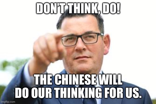 Dictator dan and his Chinese masters. | DON’T THINK, DO! THE CHINESE WILL DO OUR THINKING FOR US. | image tagged in meanwhile in australia | made w/ Imgflip meme maker