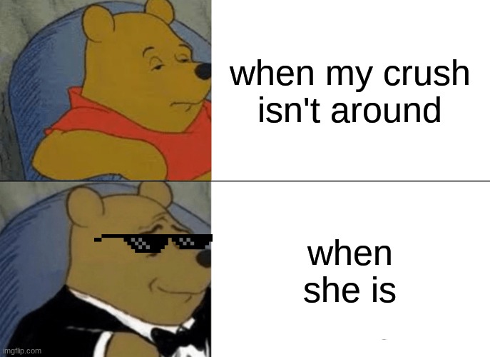Tuxedo Winnie The Pooh Meme | when my crush isn't around; when she is | image tagged in memes,tuxedo winnie the pooh | made w/ Imgflip meme maker