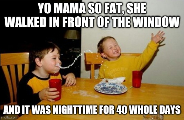 yo mama | YO MAMA SO FAT, SHE WALKED IN FRONT OF THE WINDOW; AND IT WAS NIGHTTIME FOR 40 WHOLE DAYS | image tagged in memes,yo mamas so fat | made w/ Imgflip meme maker