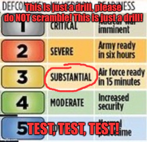 DEFCON | This is just a drill, please do NOT scramble! This is just a drill! TEST, TEST, TEST! | image tagged in defcon | made w/ Imgflip meme maker