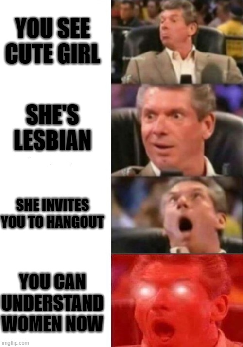 Mr. McMahon reaction | YOU SEE CUTE GIRL; SHE'S LESBIAN; SHE INVITES YOU TO HANGOUT; YOU CAN UNDERSTAND WOMEN NOW | image tagged in mr mcmahon reaction | made w/ Imgflip meme maker