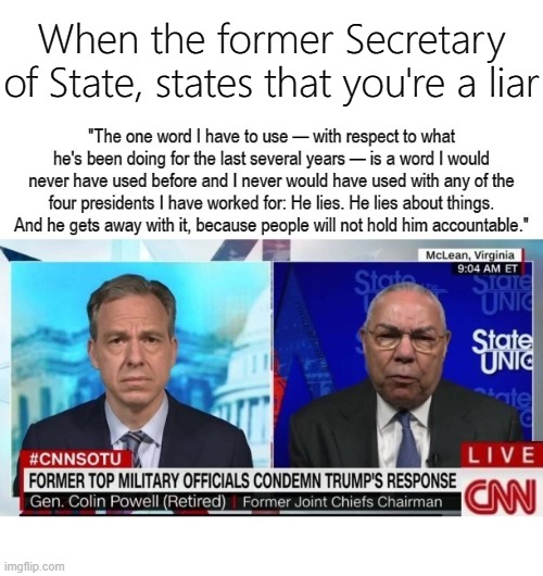 When the former Secretary of State, states that you're a liar | image tagged in colin powell trump is a liar | made w/ Imgflip meme maker