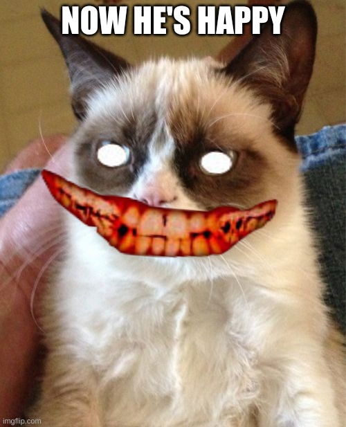 Grumpy Cat | NOW HE'S HAPPY | image tagged in memes,grumpy cat | made w/ Imgflip meme maker