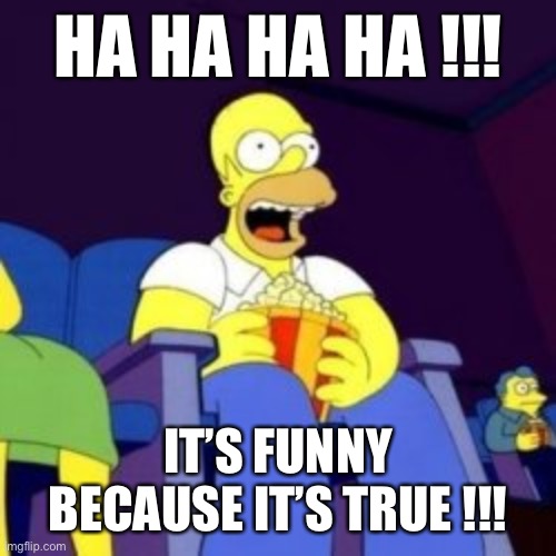 HA HA HA HA !!! IT’S FUNNY BECAUSE IT’S TRUE !!! | image tagged in homer,homer simpson,its funny because its true,its true,homer laughing | made w/ Imgflip meme maker