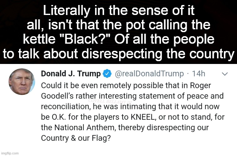 Literally in the sense of it all, isn't that the pot calling the kettle "Black?" Of all the people to talk about disrespecting the country; COVELL BELLAMY III | image tagged in trump pot calling the kettle black | made w/ Imgflip meme maker