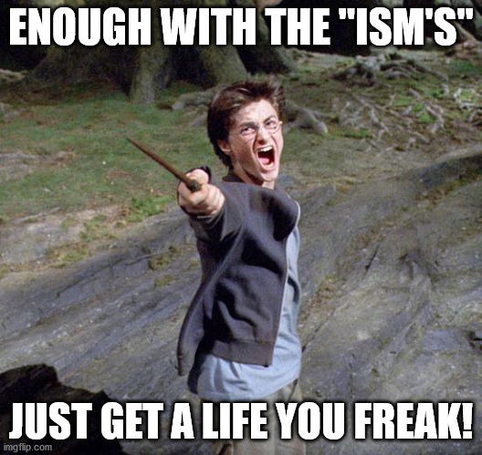 Harry potter | ENOUGH WITH THE "ISM'S"; JUST GET A LIFE YOU FREAK! | image tagged in harry potter | made w/ Imgflip meme maker