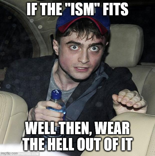 harry potter crazy | IF THE "ISM" FITS; WELL THEN, WEAR THE HELL OUT OF IT | image tagged in harry potter crazy | made w/ Imgflip meme maker