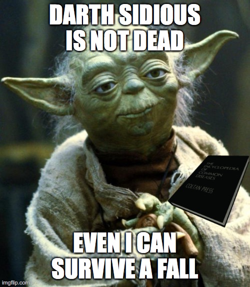The fall | DARTH SIDIOUS IS NOT DEAD; EVEN I CAN SURVIVE A FALL | image tagged in memes,star wars yoda | made w/ Imgflip meme maker
