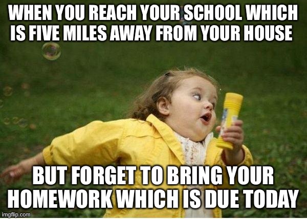 Chubby Bubbles Girl | WHEN YOU REACH YOUR SCHOOL WHICH IS FIVE MILES AWAY FROM YOUR HOUSE; BUT FORGET TO BRING YOUR HOMEWORK WHICH IS DUE TODAY | image tagged in memes,chubby bubbles girl | made w/ Imgflip meme maker