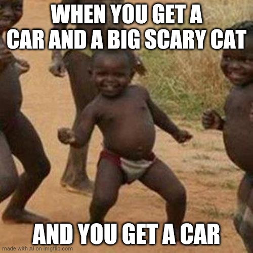 Third World Success Kid | WHEN YOU GET A CAR AND A BIG SCARY CAT; AND YOU GET A CAR | image tagged in memes,third world success kid | made w/ Imgflip meme maker
