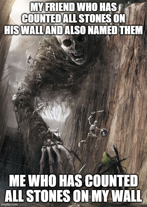 giant monster | MY FRIEND WHO HAS COUNTED ALL STONES ON HIS WALL AND ALSO NAMED THEM; ME WHO HAS COUNTED ALL STONES ON MY WALL | image tagged in giant monster | made w/ Imgflip meme maker
