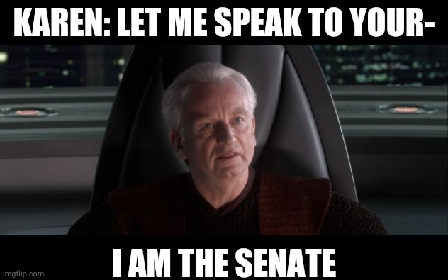I am the Senate | KAREN: LET ME SPEAK TO YOUR- I AM THE SENATE | image tagged in i am the senate | made w/ Imgflip meme maker