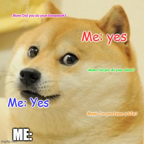 Doge | Mom: Did you do your homework? Me: yes; Mom: Did you do your chore? Me: Yes; Mom: Do you have a life? ME: | image tagged in memes,doge | made w/ Imgflip meme maker
