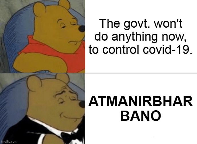 Tuxedo Winnie The Pooh | The govt. won't do anything now, to control covid-19. ATMANIRBHAR BANO | image tagged in memes,tuxedo winnie the pooh | made w/ Imgflip meme maker