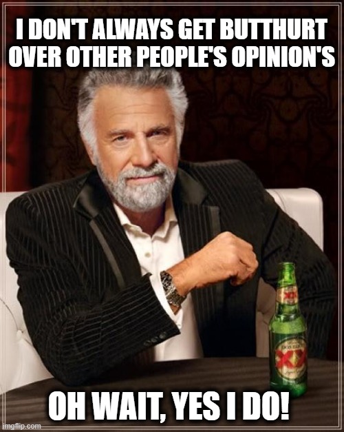 The Most Interesting Man In The World Meme | I DON'T ALWAYS GET BUTTHURT
OVER OTHER PEOPLE'S OPINION'S OH WAIT, YES I DO! | image tagged in memes,the most interesting man in the world | made w/ Imgflip meme maker