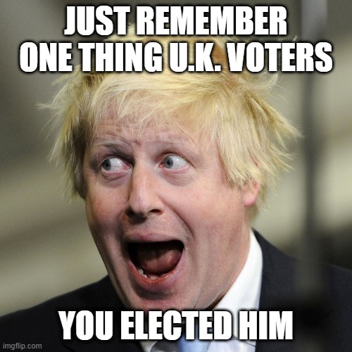 Boris Johnson | JUST REMEMBER ONE THING U.K. VOTERS; YOU ELECTED HIM | image tagged in boris johnson | made w/ Imgflip meme maker