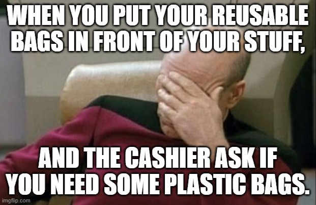 I put them in front so you don't ask this stupid question. | WHEN YOU PUT YOUR REUSABLE BAGS IN FRONT OF YOUR STUFF, AND THE CASHIER ASK IF YOU NEED SOME PLASTIC BAGS. | image tagged in captain picard facepalm,logic,walmart,walmart life,dumb,people of walmart | made w/ Imgflip meme maker