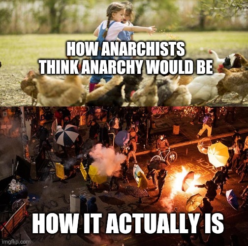 Well that didn't go as planned | HOW ANARCHISTS THINK ANARCHY WOULD BE; HOW IT ACTUALLY IS | image tagged in anarchy,capitol hill,communism,seattle,riot,political | made w/ Imgflip meme maker