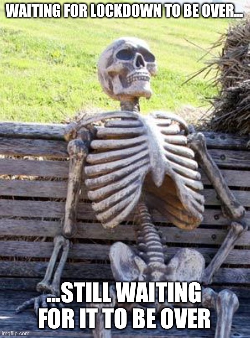 Waiting Skeleton | WAITING FOR LOCKDOWN TO BE OVER... ...STILL WAITING FOR IT TO BE OVER | image tagged in memes,waiting skeleton | made w/ Imgflip meme maker