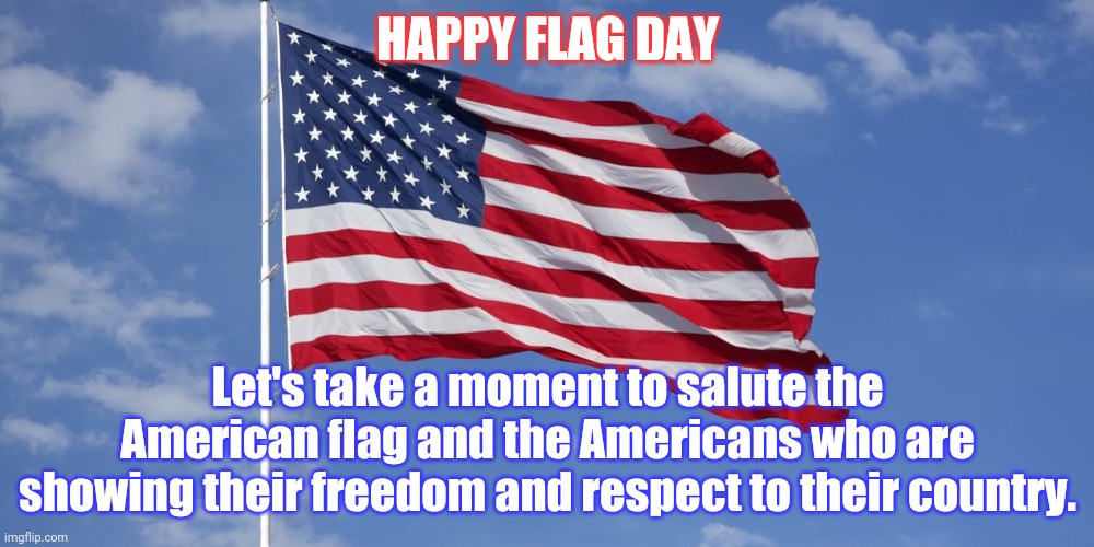 Happy Flag Day | HAPPY FLAG DAY; Let's take a moment to salute the American flag and the Americans who are showing their freedom and respect to their country. | image tagged in national flag day,american flag,america,flag,politics,political memes | made w/ Imgflip meme maker
