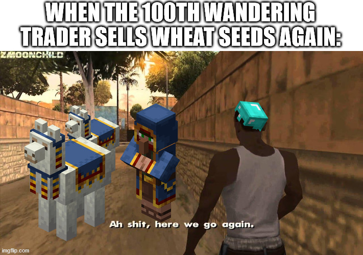 Ah shit, here we go again... |  WHEN THE 100TH WANDERING TRADER SELLS WHEAT SEEDS AGAIN: | image tagged in here we go again,minecraft,cj,villager | made w/ Imgflip meme maker