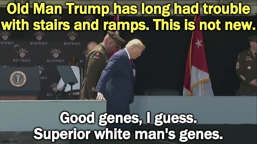 This was known years ago. | Old Man Trump has long had trouble with stairs and ramps. This is not new. Good genes, I guess.
Superior white man's genes. | image tagged in old man trump on the ramp at west point,old man,trump,weakness | made w/ Imgflip meme maker