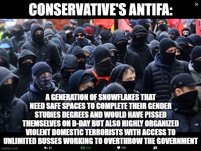 Antifa | CONSERVATIVE'S ANTIFA:; A GENERATION OF SNOWFLAKES THAT NEED SAFE SPACES TO COMPLETE THEIR GENDER STUDIES DEGREES AND WOULD HAVE PISSED THEMSELVES ON D-DAY BUT ALSO HIGHLY ORGANIZED VIOLENT DOMESTIC TERRORISTS WITH ACCESS TO UNLIMITED BUSSES WORKING TO OVERTHROW THE GOVERNMENT | image tagged in antifa | made w/ Imgflip meme maker