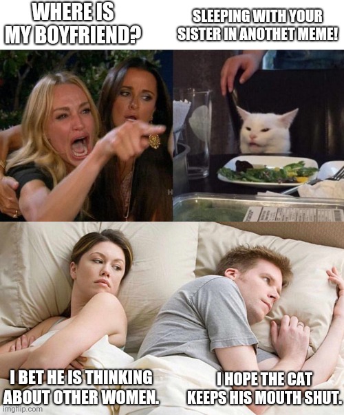 Never trust a cat | WHERE IS MY BOYFRIEND? SLEEPING WITH YOUR SISTER IN ANOTHET MEME! I BET HE IS THINKING ABOUT OTHER WOMEN. I HOPE THE CAT KEEPS HIS MOUTH SHUT. | image tagged in i bet he's thinking about other women,memes,woman yelling at cat | made w/ Imgflip meme maker