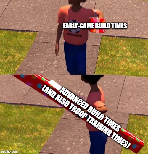 Toy Story Present Kid | EARLY-GAME BUILD TIMES; ADVANCED BUILD TIMES 
(AND ALSO TROOP TRAINING TIMES) | image tagged in toy story present kid | made w/ Imgflip meme maker